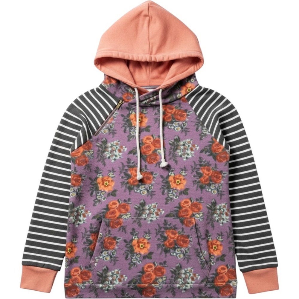 Ampersand Avenue Floral Striped Mixed Media Hoodie Purple Pink XL‎ Womens